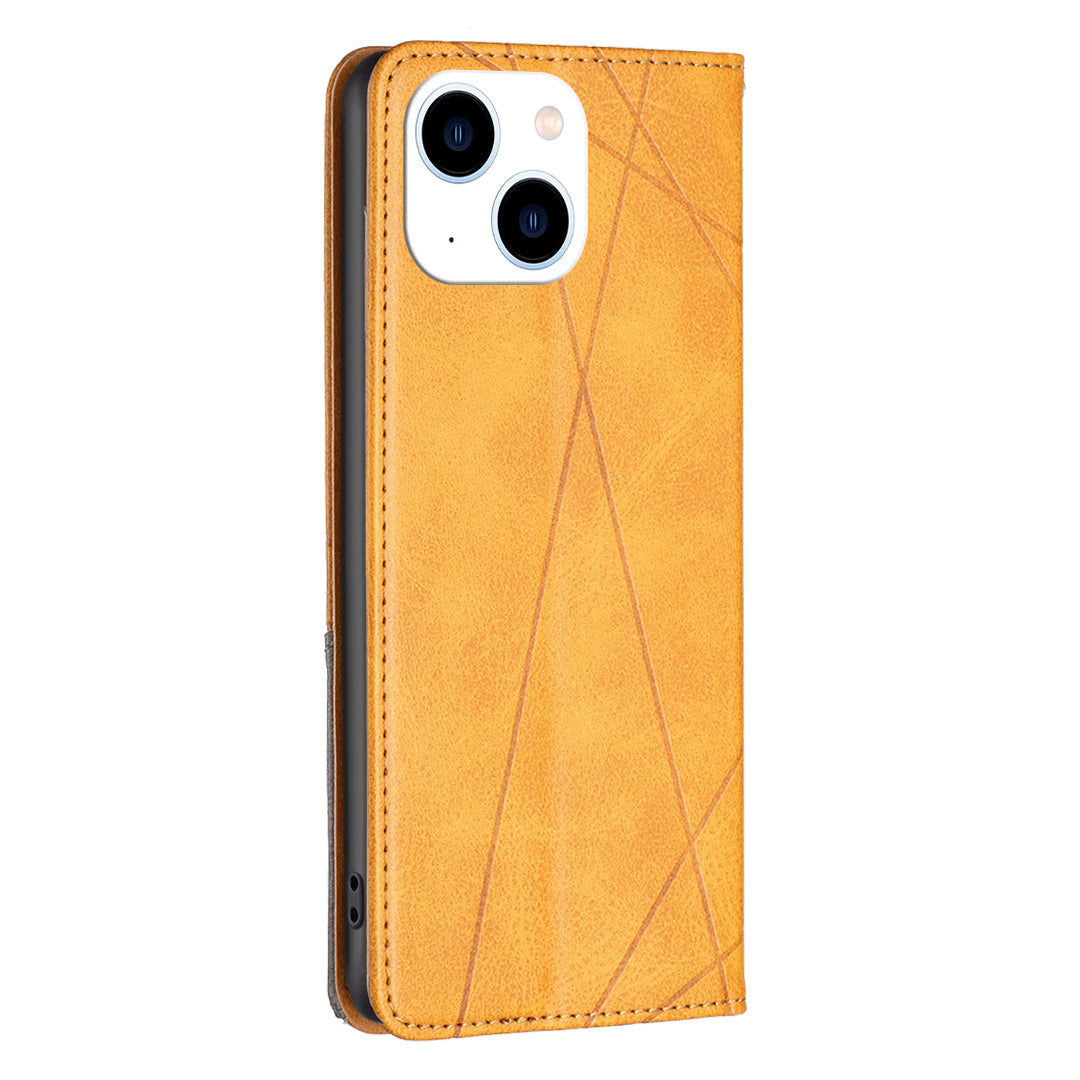 Uniqkart for iPhone 15 Card Holder Shell Imprinted Line Cell Phone Case Stand Leather Phone Cover - Yellow Uniqkart for iPhone 15 Card Holder Shell Imprinted Line Cell Phone Case Stand Leather Phone Cover - Yellow